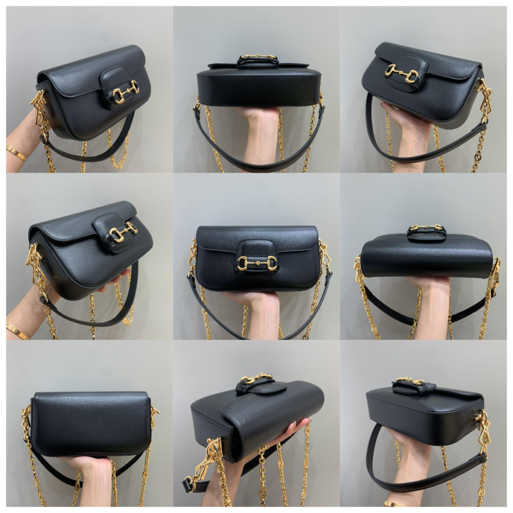 Close-up craftsmanship view of the Gucci replica bags 2026 Horsebit Chain style, showcasing the heavy vintage gold chain, textured grain leather, and precise side gusset stitching.