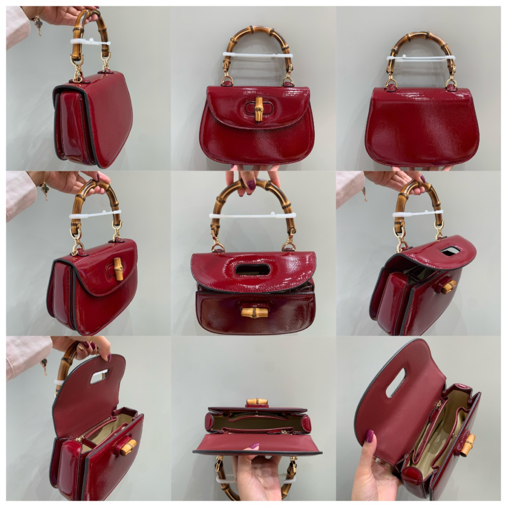 Quality check of an AAA Gucci replica bag Bamboo 1947 model in red patent leather, featuring natural burn marks on the bamboo handle and turn-lock mechanism detail.