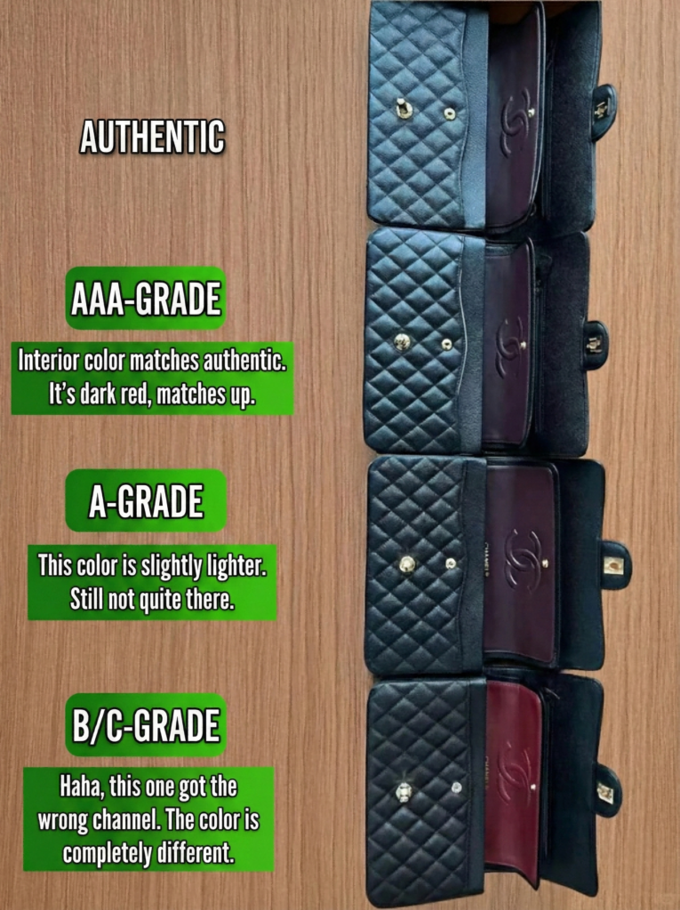 Chanel CF replica interior burgundy color comparison showing strict AAA grade accuracy