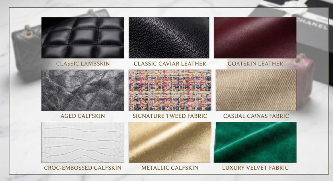 A visual collage of materials for our Chanel replica bags leather guide, featuring classic lambskin, durable caviar, aged calfskin, and tweed used in top quality AAA Chanel bags.