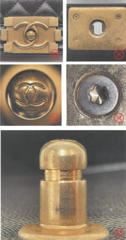 Fake Chanel Le Boy hardware details exhibiting incorrect lock pillar polishing and non-standard screws.