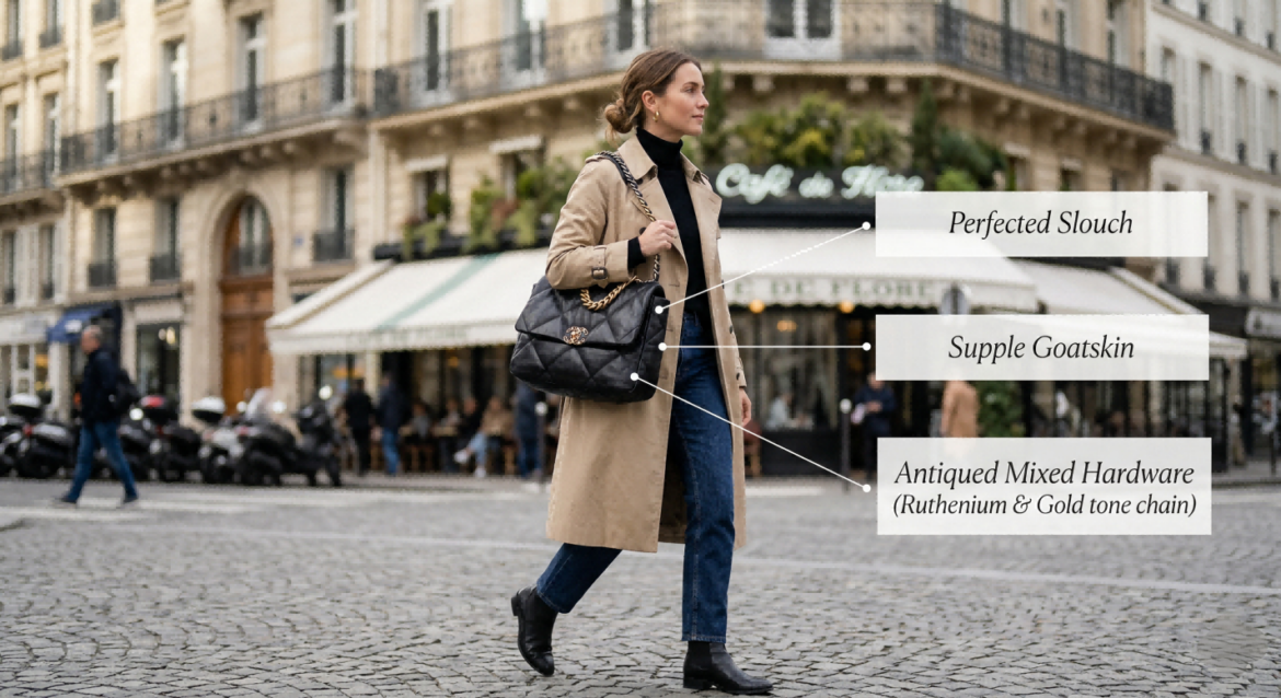 Lifestyle shot of a woman in Paris wearing the Best Chanel Replica Chanel 19 crossbody, featuring supple goatskin, perfected slouch, and antiqued mixed hardware, showcasing the best Chanel replica bags.